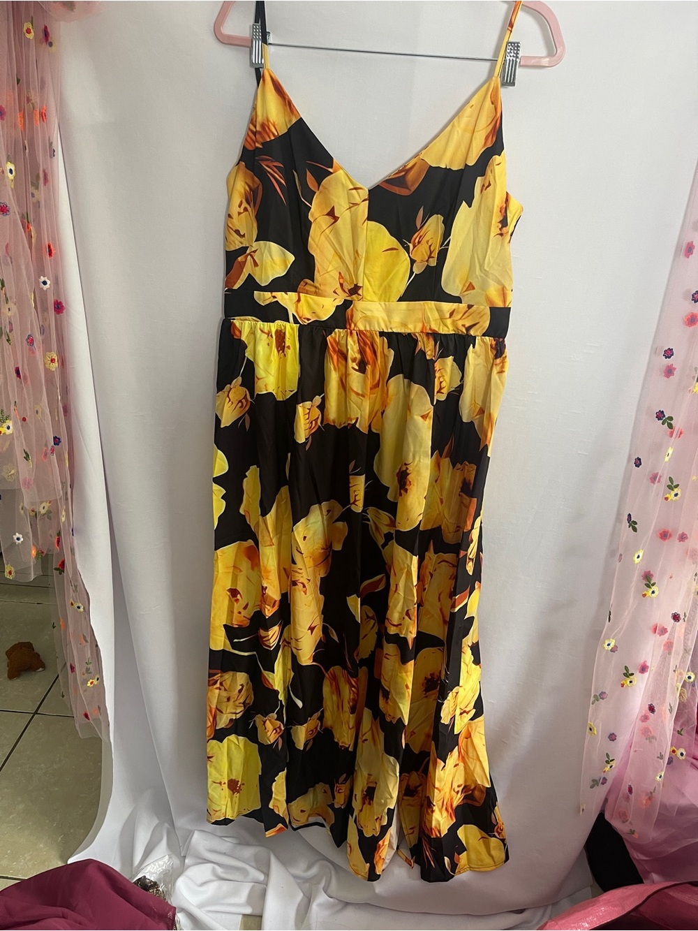 Zanzea Black Maxi Dress with Yellow Floral Print